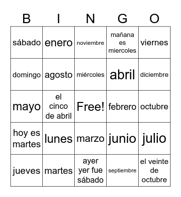 Bingo de Calendario Bingo Card