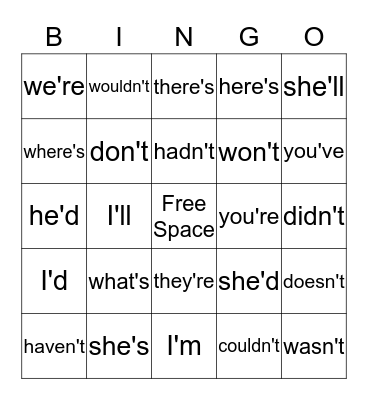 Contraction Bingo Card