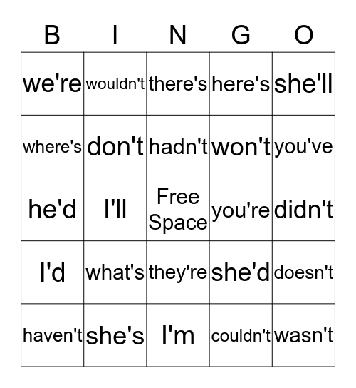 Contraction Bingo Card