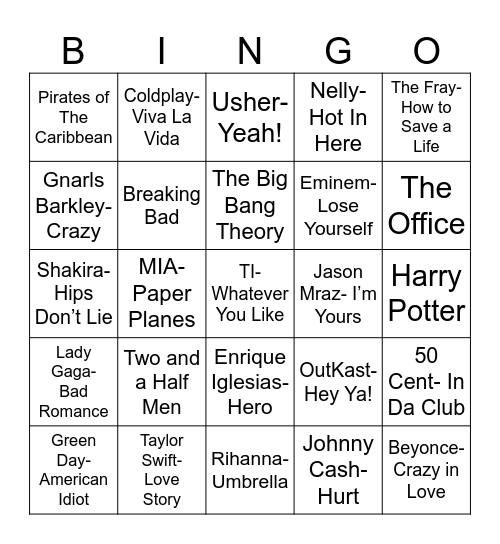 Radio Bingo Remember the 00's Bingo Card