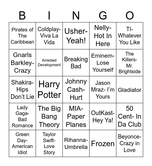 Radio Bingo Remember the 00's Bingo Card