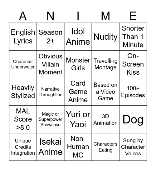 Anime Theme Bingo Card