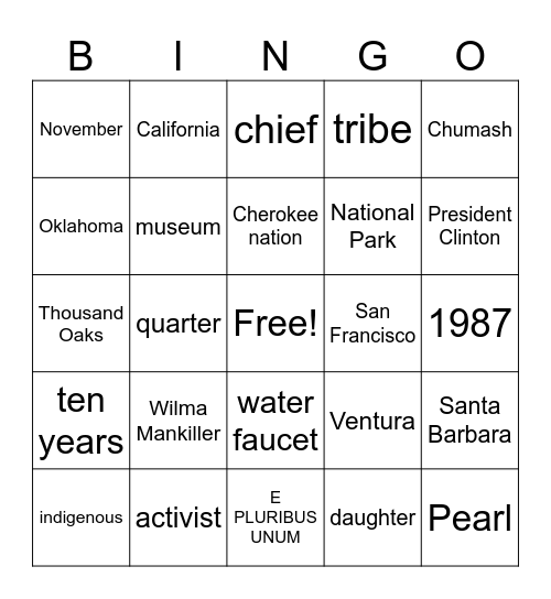 Native American Month Bingo Card