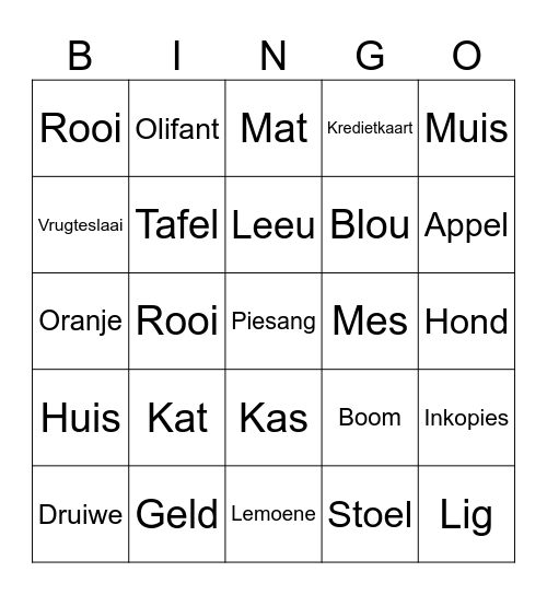 Afrikaans Bingo Snrs Bingo Card