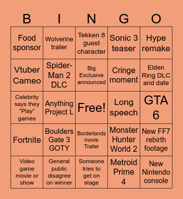 Game Awards 2023 Bingo Card