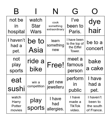 Present Perfect Bingo Card