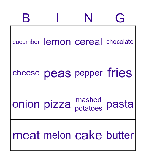 family and friends 3 unit 8 FOOD Bingo Card