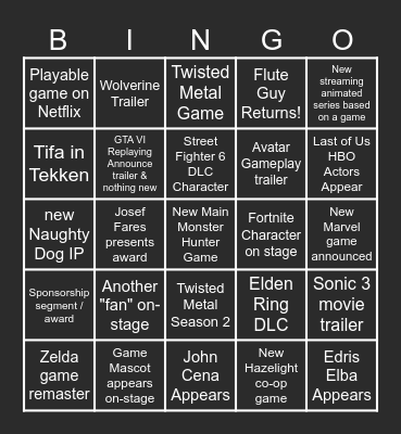 Game Awards 2023 Bingo Card