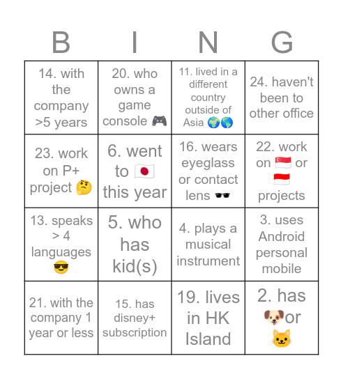 Find someone who matches the question & sign for you! Bingo Card