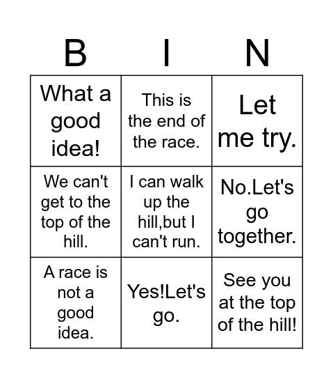 The top of the hill Bingo Card