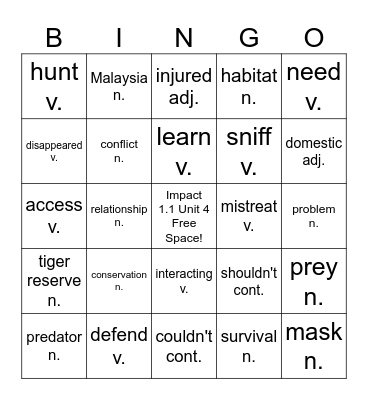 Impact 1.1 Vocabulary Unit 4 Bingo Card