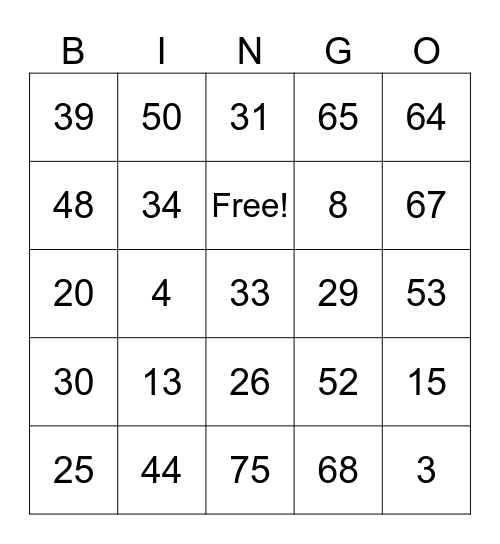 Number Bingo 1-100 Bingo Card