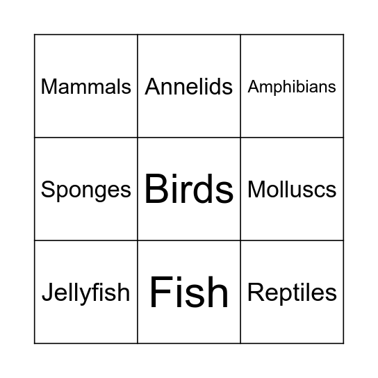 Vertebrates and Invertebrates Bingo Card