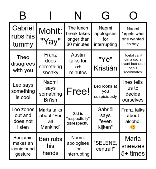 Team Selene Ultimate Bingo Card