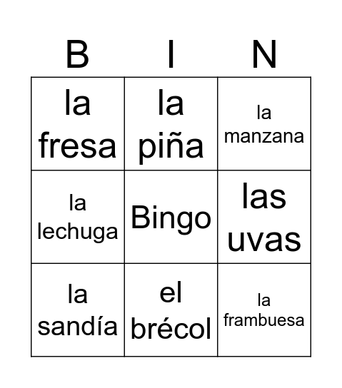 Frutas y verduras Bingo Card