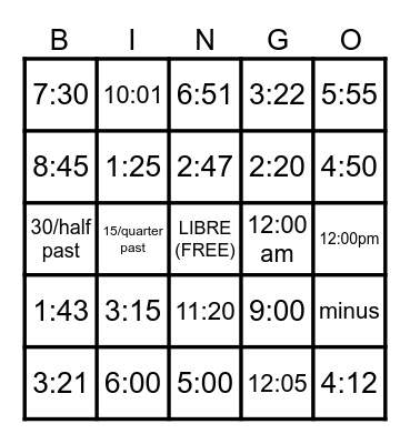 Spanish Time Telling Bingo Card