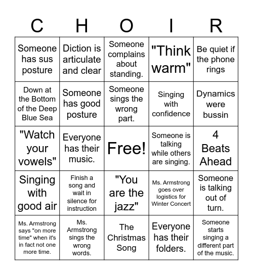 Can you catch these throughout rehearsal? Bingo Card