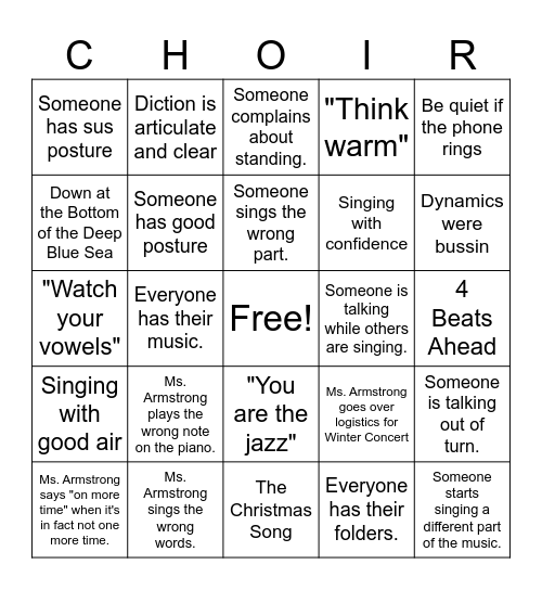 Can you catch these throughout rehearsal? Bingo Card
