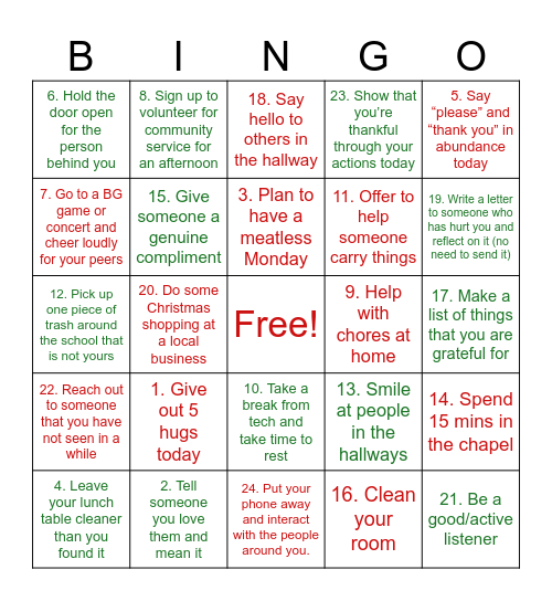 Advent Calendar: Be a Changemaker Bingo Card