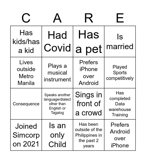 Care Services Bingo Card