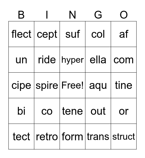 Morphemes Bingo Card