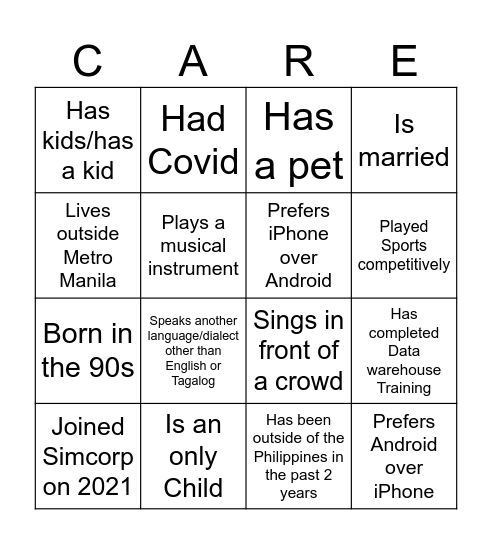 Care Services Bingo Card