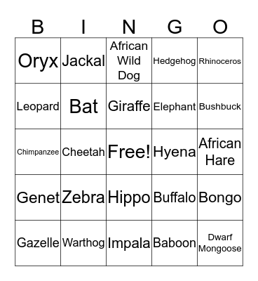 Wild Life Animals Bingo Card