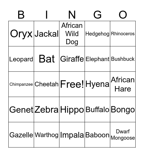 Wild Life Animals Bingo Card