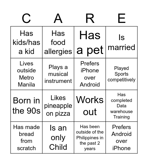 Care Services Bingo Card