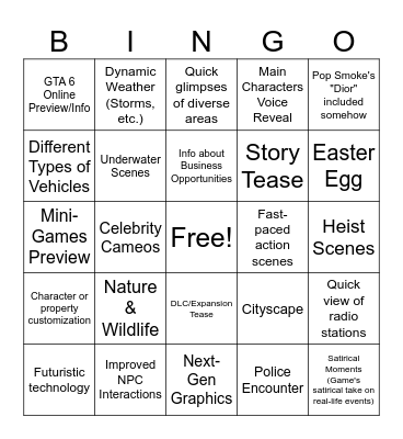 GTA 6 TRAILER Bingo Card