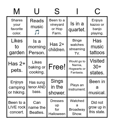 Getting to know you. Bingo Card