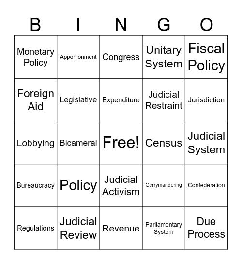Government - Units 3-6 Vocabulary Bingo Card