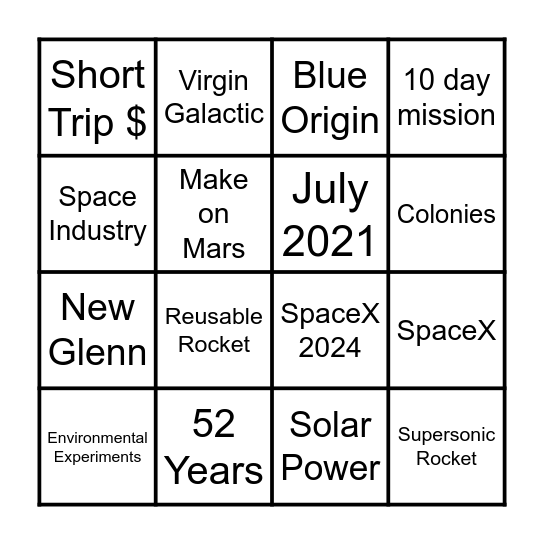 Space Tourism Bingo Card