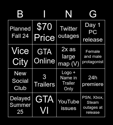 GTA VI Bingo Card