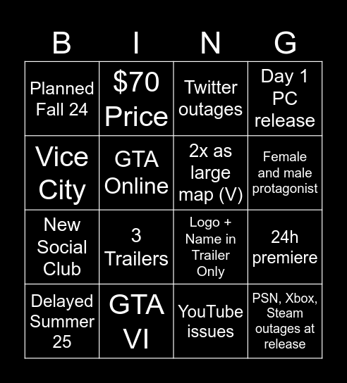 GTA VI Bingo Card