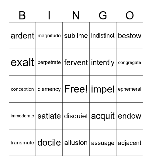 Vocabulary Bingo Card