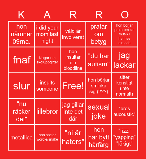 Karro bingo Card