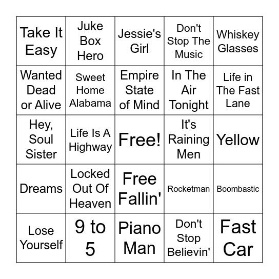 Driving Playlist Bingo Card