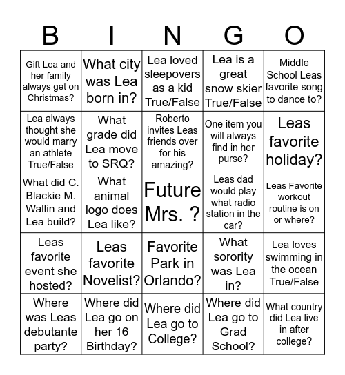 Do you know the Bride  Bingo Card