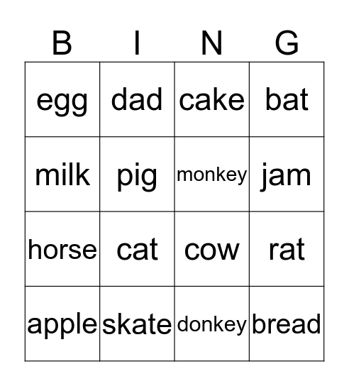 Food, Animals Bingo Card