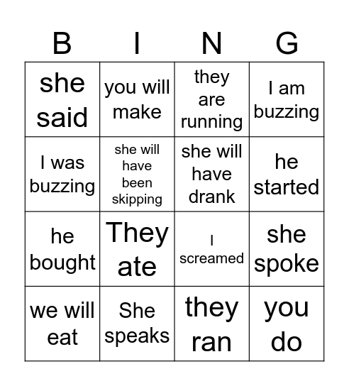 English Grammar Bingo Card