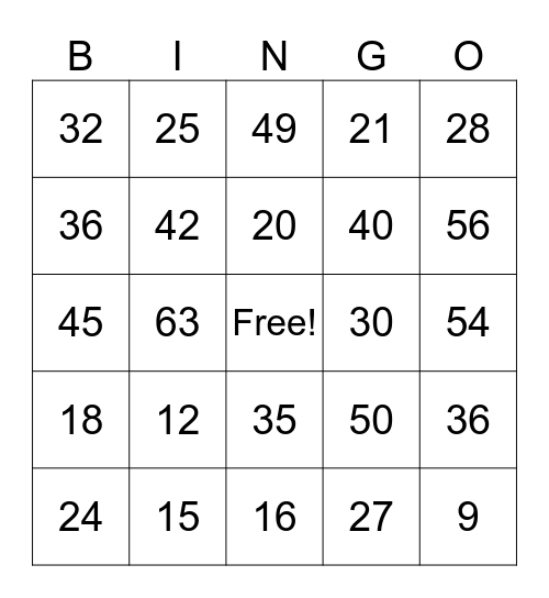 Multiplication Bingo 3-7 Bingo Card