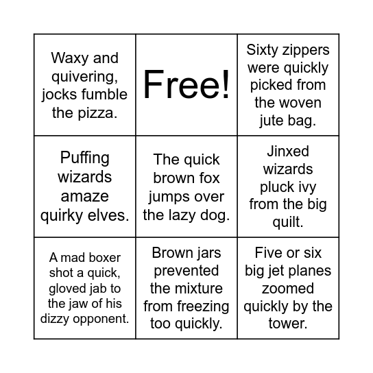 Pangram Bingo Card