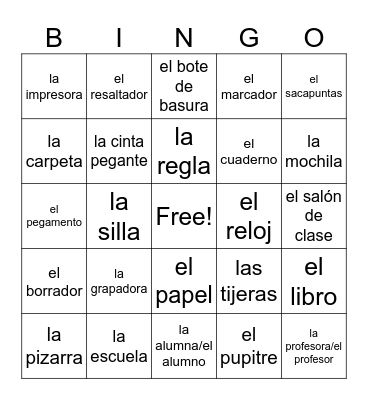 La Escuela Vocab. (ALL) Bingo Card