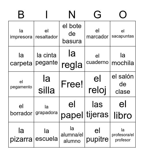 La Escuela Vocab. (ALL) Bingo Card