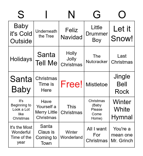 Holiday Singo Bingo Card