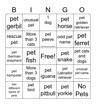 Pet Bingo Card
