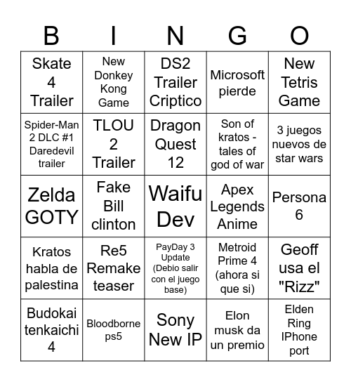 Game Awards 2023 Bingo Card