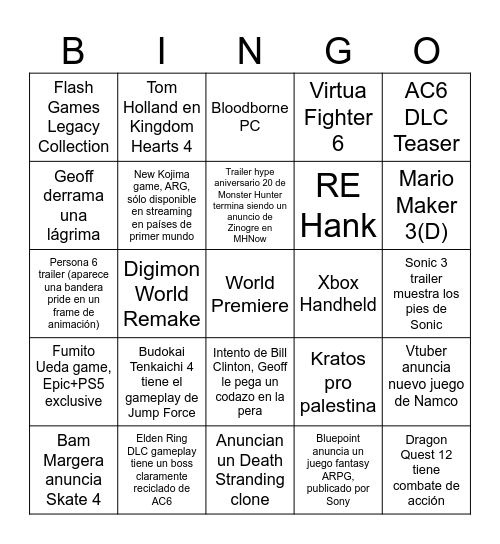 TGA 2023 definitivo Bingo Card