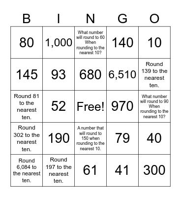 Rounding To The Nearest Ten Bingo Card